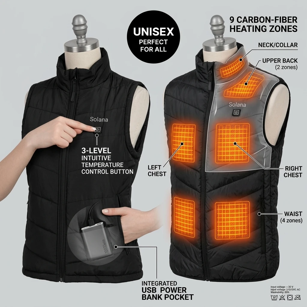 Solana Heated Vest 9 carbon heating zones visual